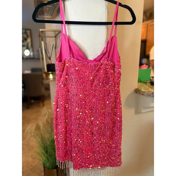 Double Crazy Pink Sequin Crystal Beaded Hem Mini Dress Size S 2-6 - Picture 6 of 8